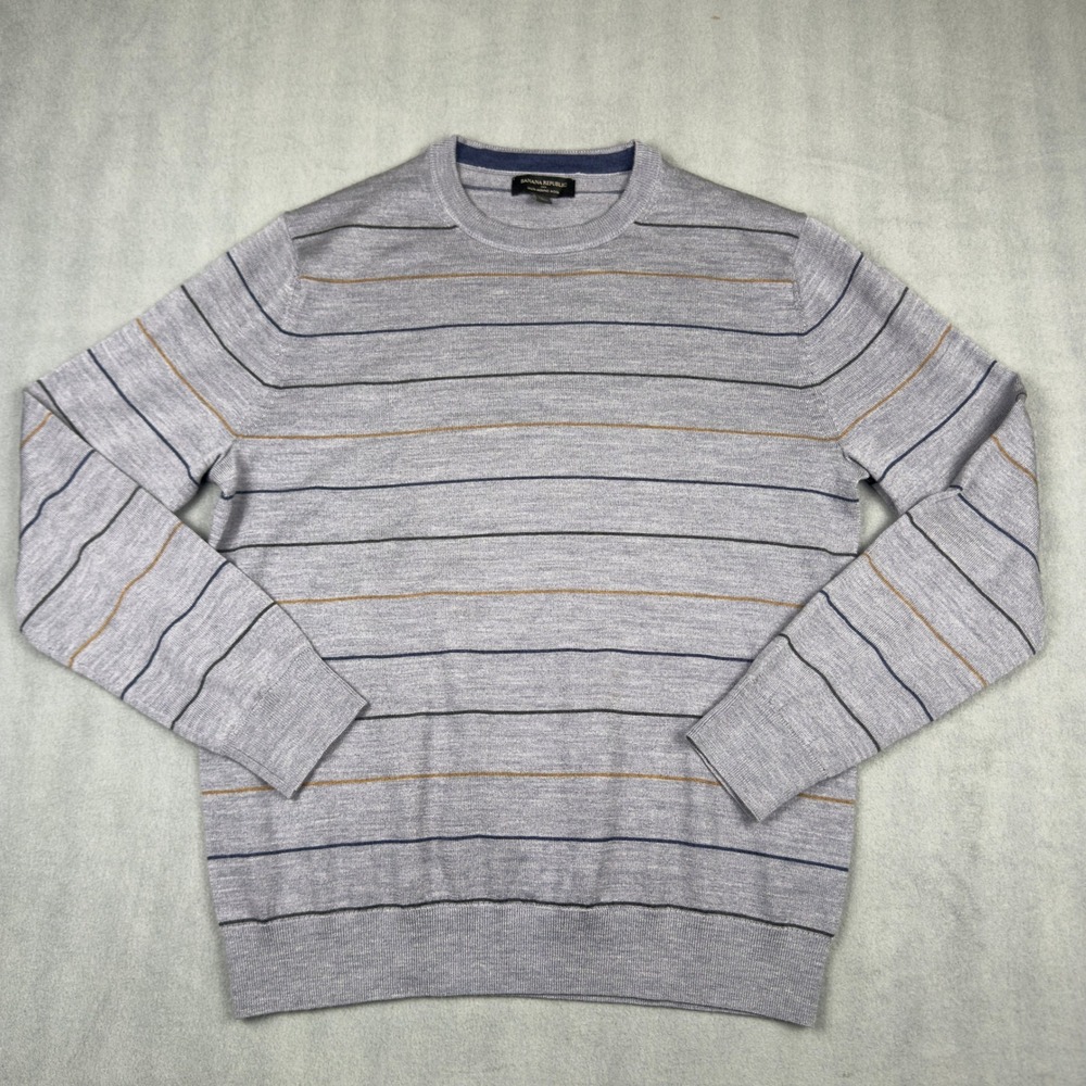 Banana Republic Mens Merino Wool Striped Crewneck Sweater Grey Blue Large 593254